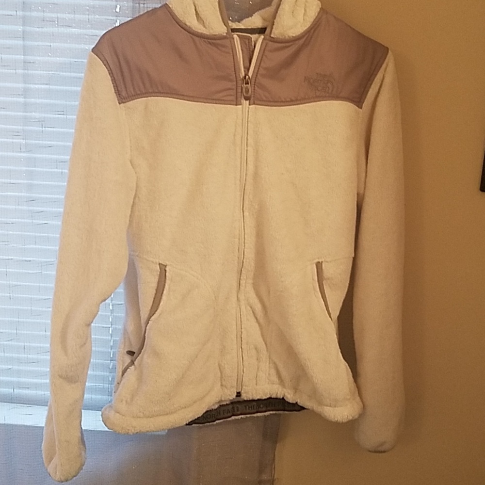 North Face White Faux Fur Zip Up